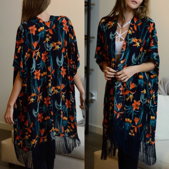 2 left▪️ boho tassel kimono floral navy orange - Picture 2 of 2